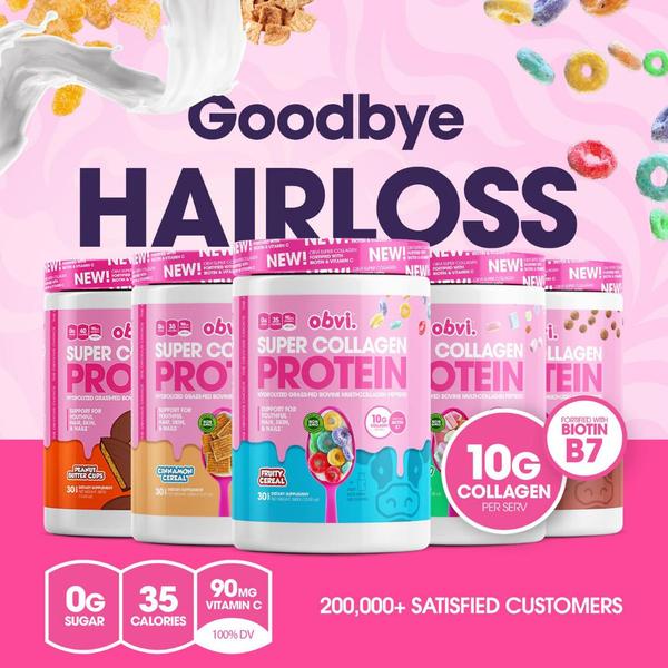 A high-conversion 1:1 square ad featuring a row of collagen protein tubs surrounded by cereal elements, highlighting specific health benefits and social proof.